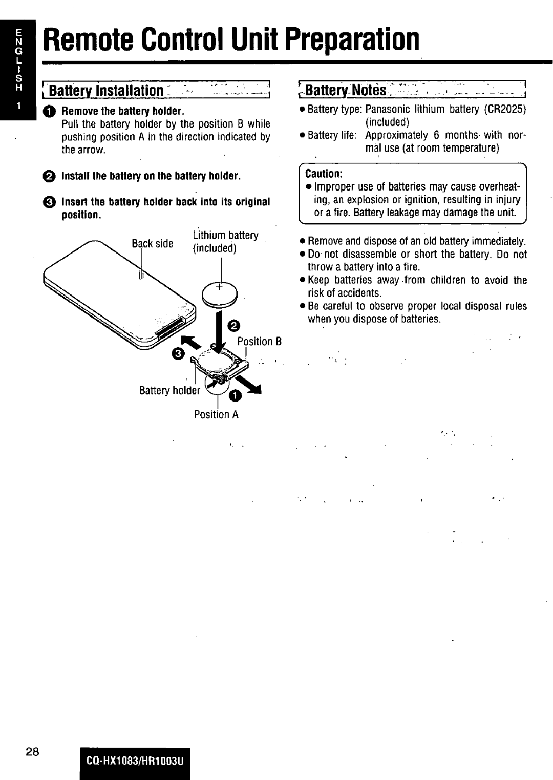 Panasonic CQ-HR1003U manual 