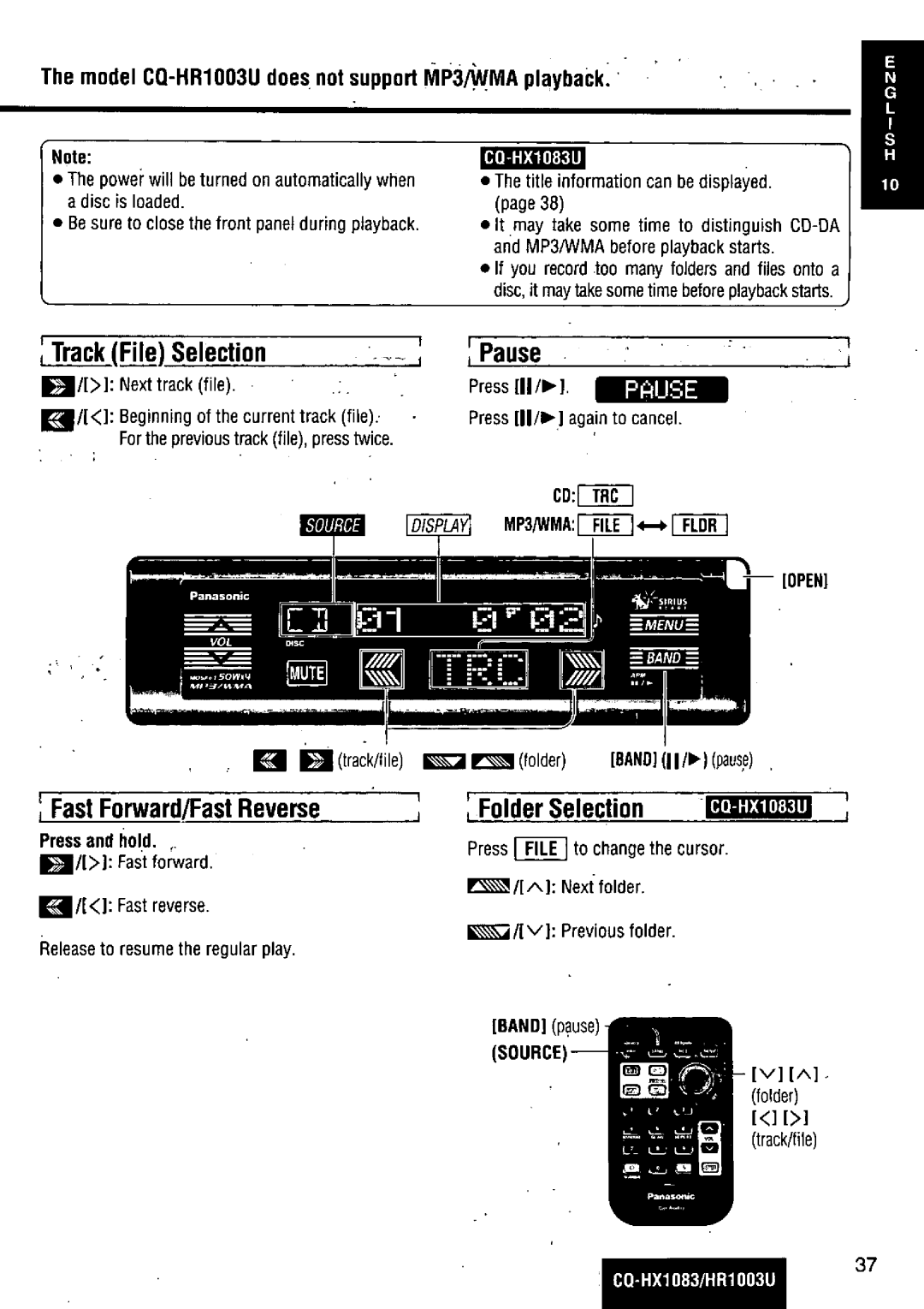 Panasonic CQ-HR1003U manual 