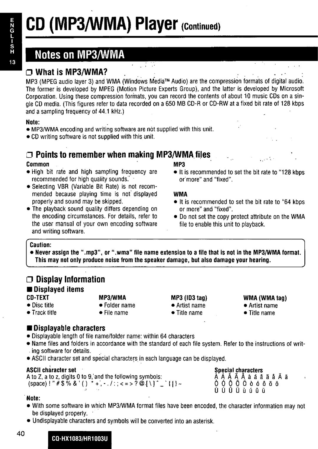 Panasonic CQ-HR1003U manual 