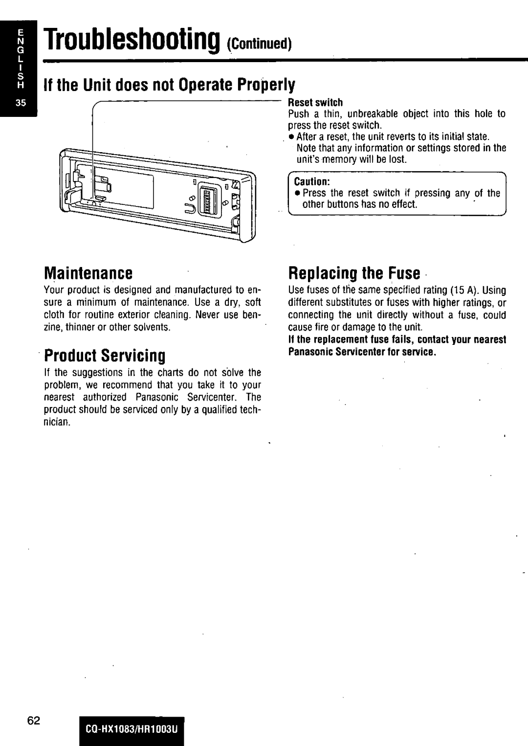 Panasonic CQ-HR1003U manual 