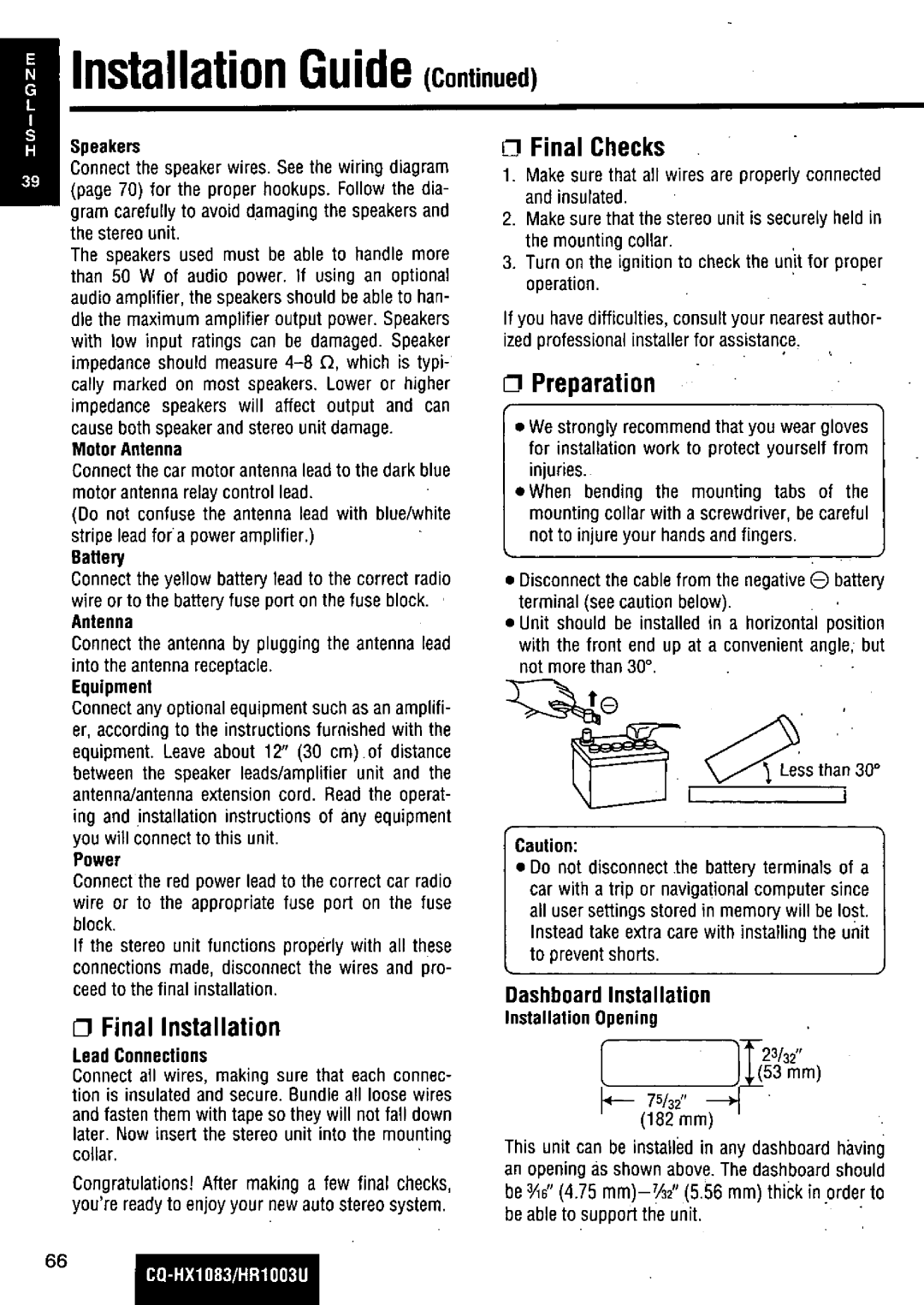 Panasonic CQ-HR1003U manual 