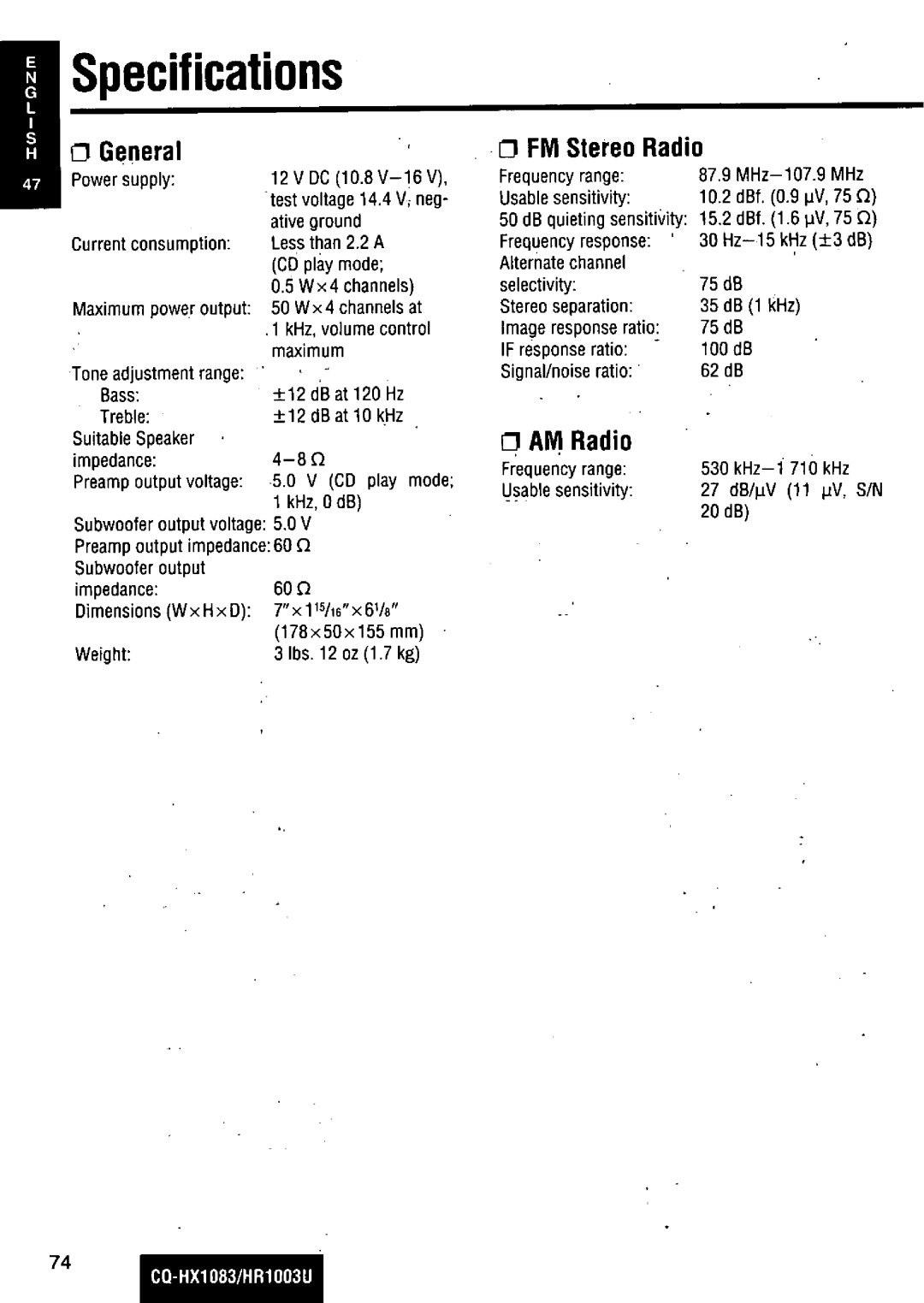 Panasonic CQ-HR1003U manual 