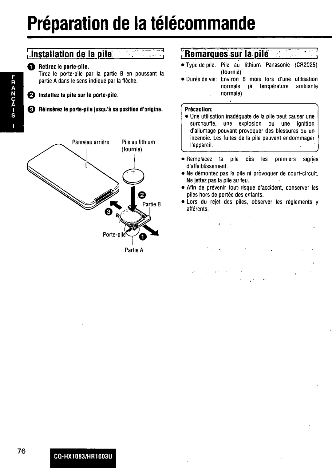 Panasonic CQ-HR1003U manual 