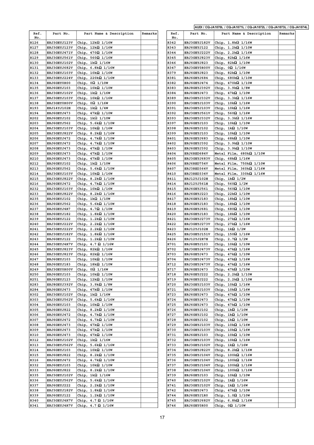 Panasonic cq-ja1070l ERJ3GEYJ123V, ERJ3GEYJ471V, ERJ3GEYJ561V, ERJ3GEYJ682V, ERJ3GEYJ224V, ERJ3GEY0R00V, ERJ14YJ102H 