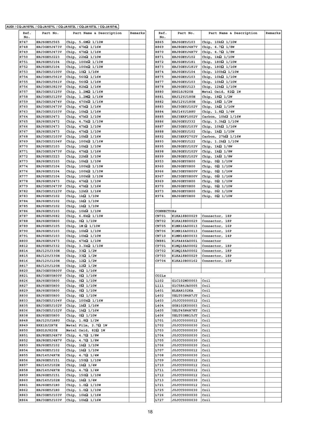 Panasonic cq-ja1070l ERJ6GEYJ565, ERJ6GEYJ104, ERJ3GEYJ100V, ERJ3GEYJ125V, ERJ3GEYJ474V, ERJ6GEYJ682, ERJ6GEYJ105 