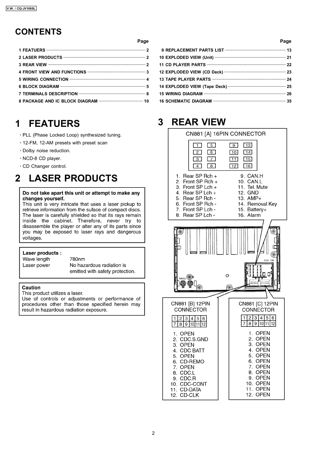 Panasonic CQ-JV1060L dimensions Featuers Rear View, Laser Products 