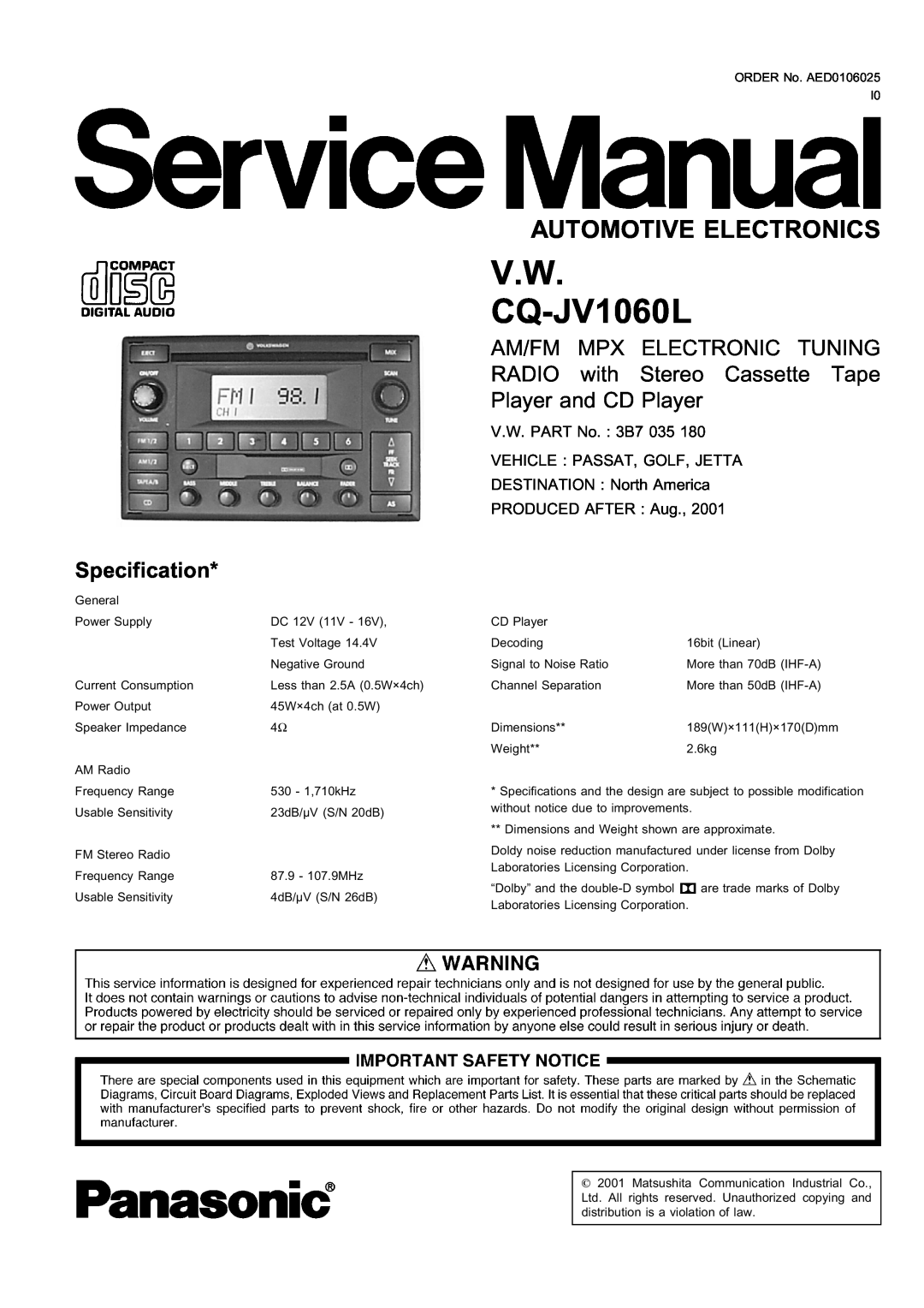 Panasonic dimensions Automotive Electronics, Specification, V.W CQ-JV1060L, Am/Fm Mpx, Electronic Tuning 