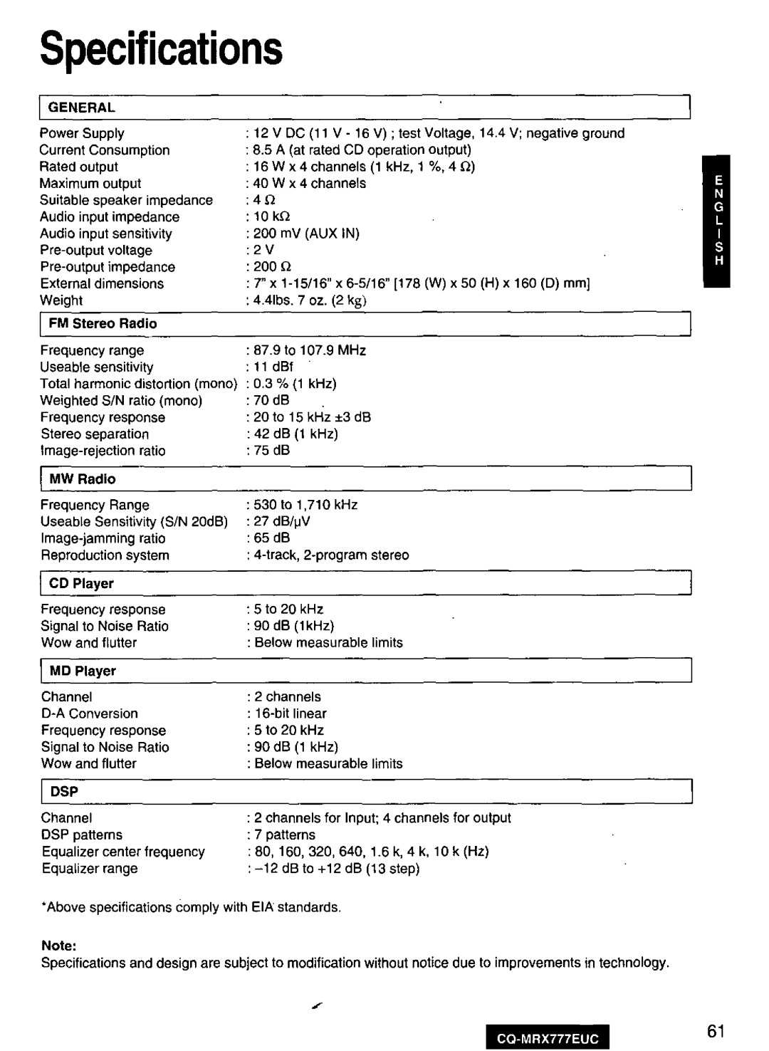 Panasonic CQ-MRX777EUC manual 