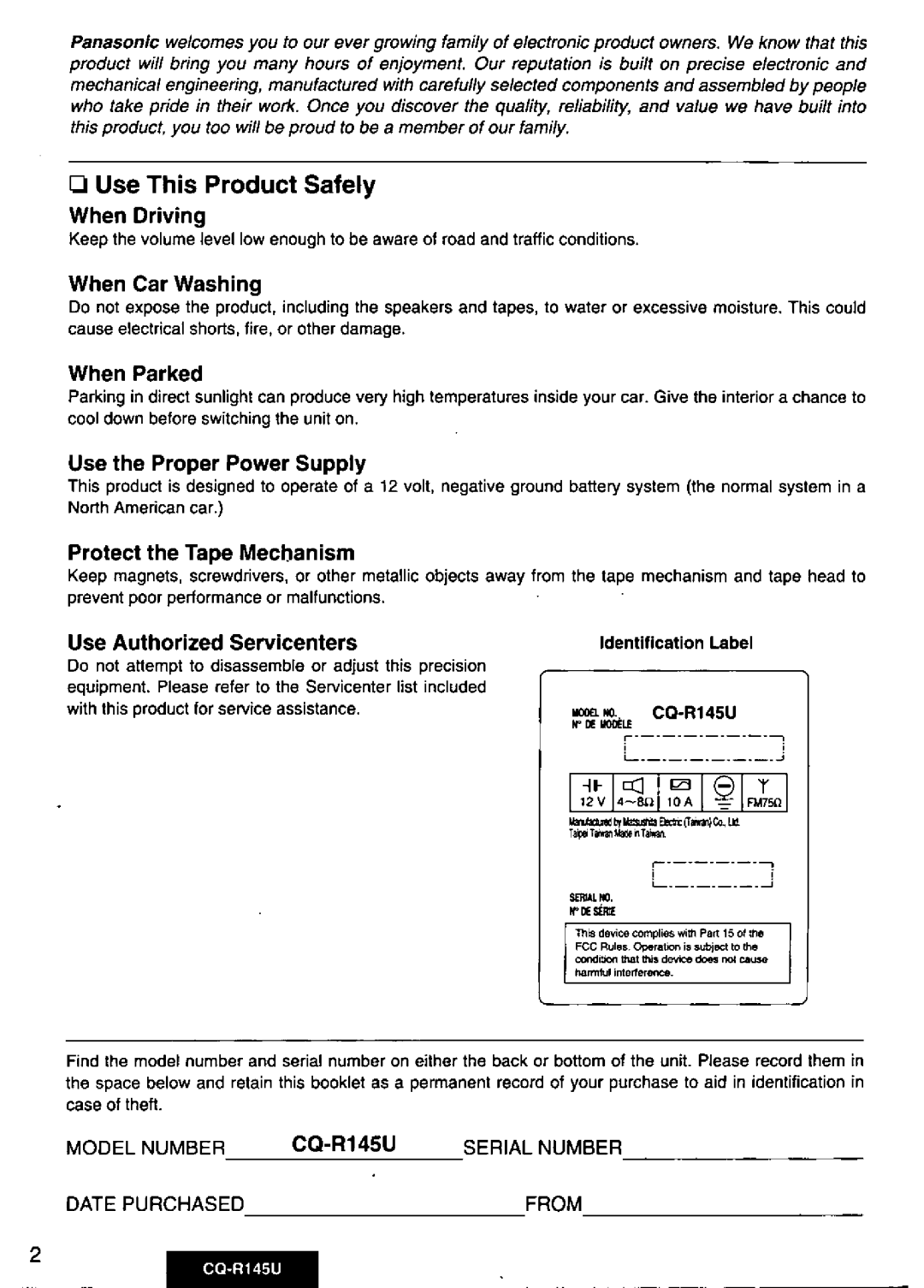 Panasonic CQ-R145U manual 