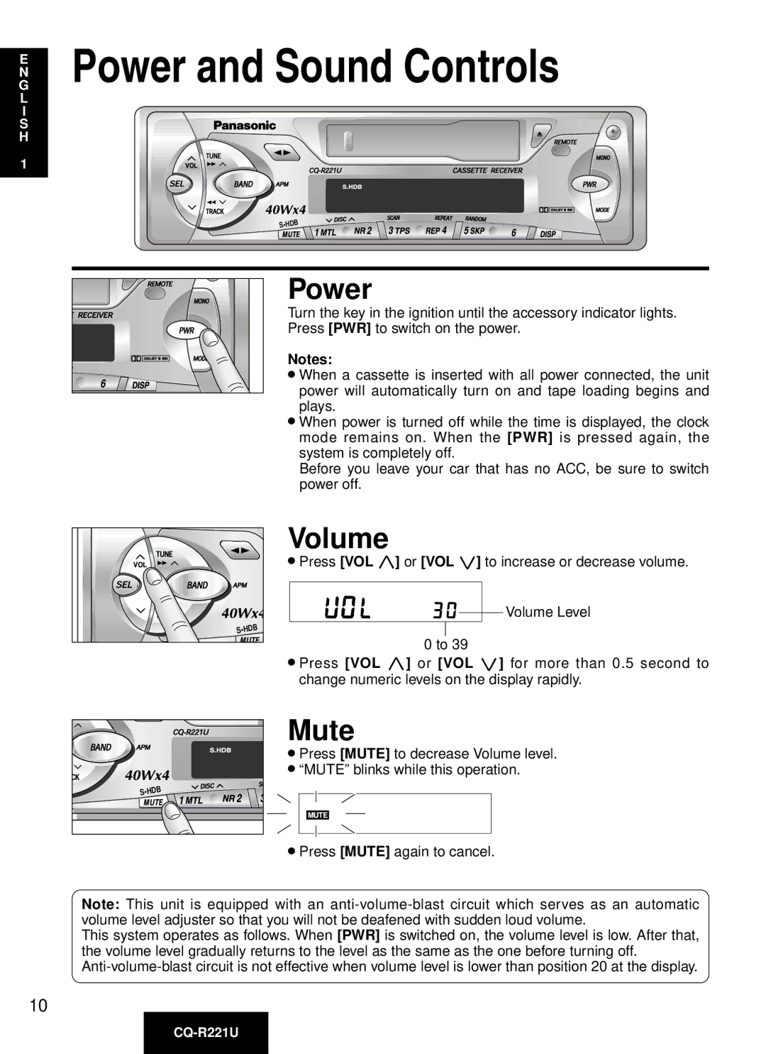 Panasonic CQ-R221U manual Power and Sound Controls, Volume, Mute 