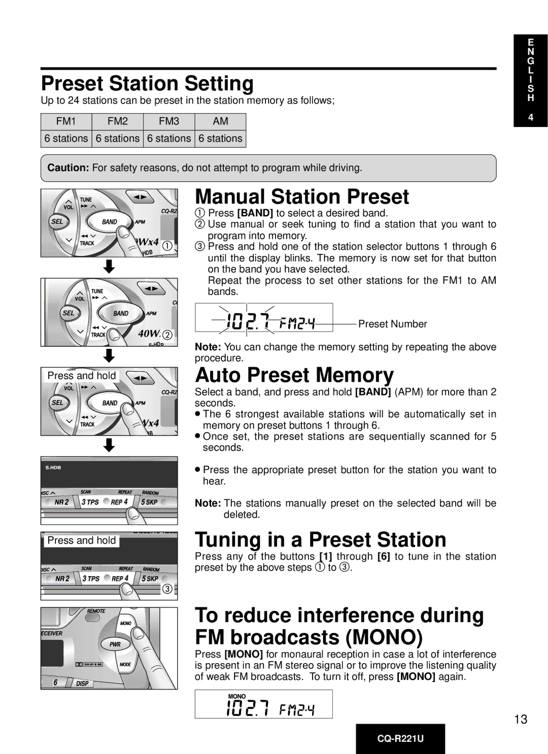 Panasonic CQ-R221U manual Tuning in a Preset Station, FM1 FM2 FM3 