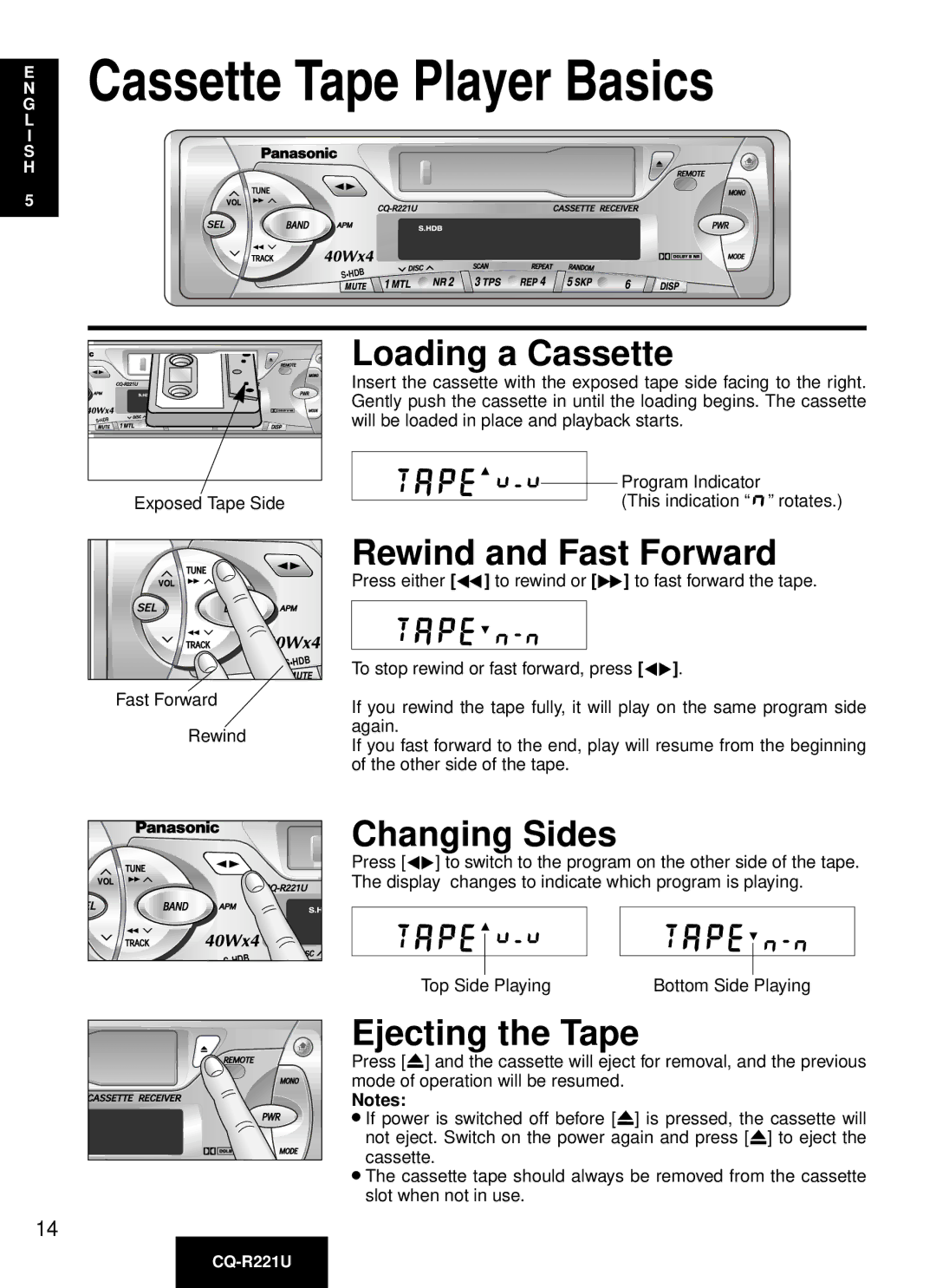 Panasonic CQ-R221U manual Cassette Tape Player Basics, Loading a Cassette, Rewind and Fast Forward, Changing Sides 