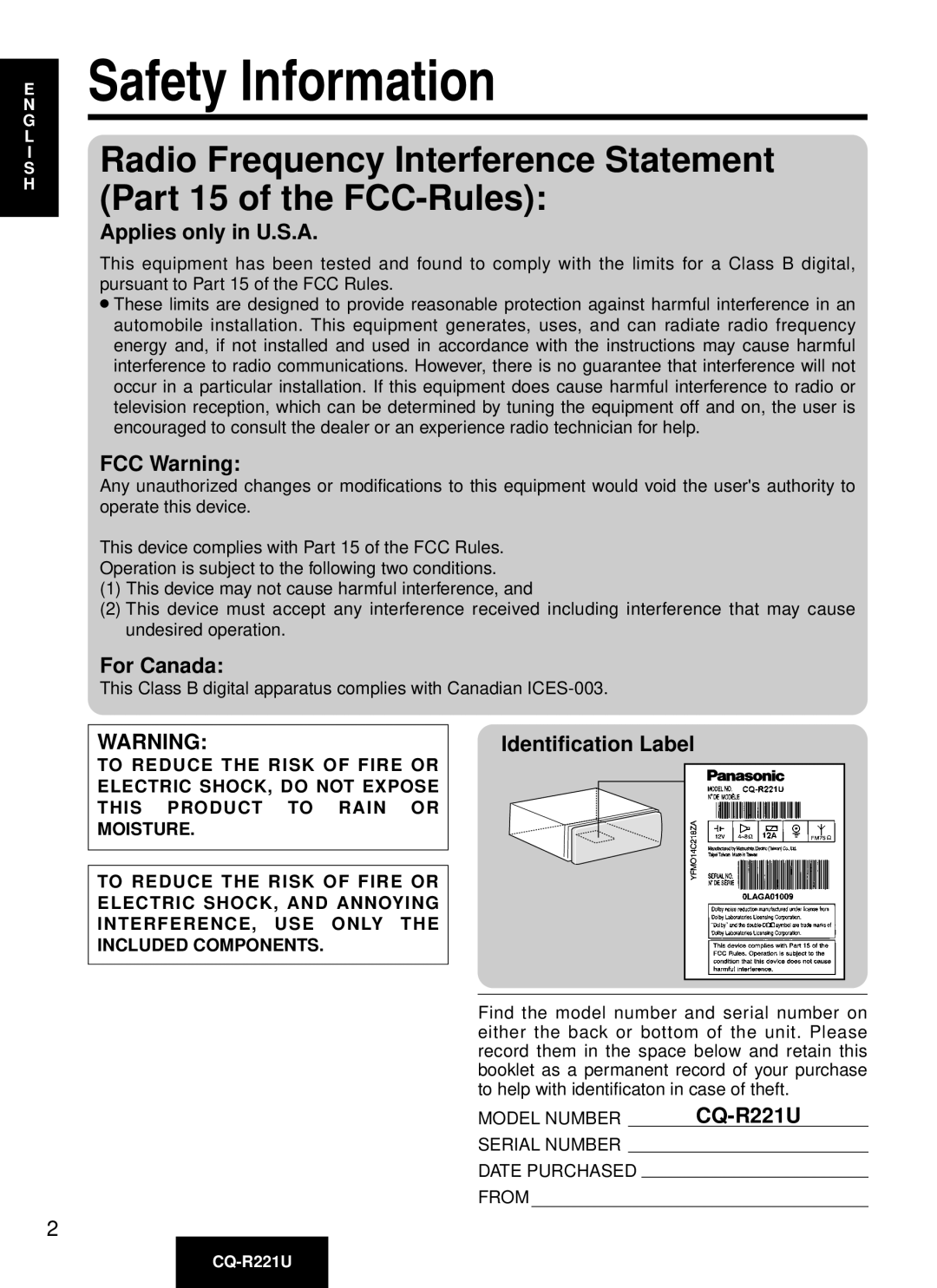 Panasonic CQ-R221U manual Safety Information 