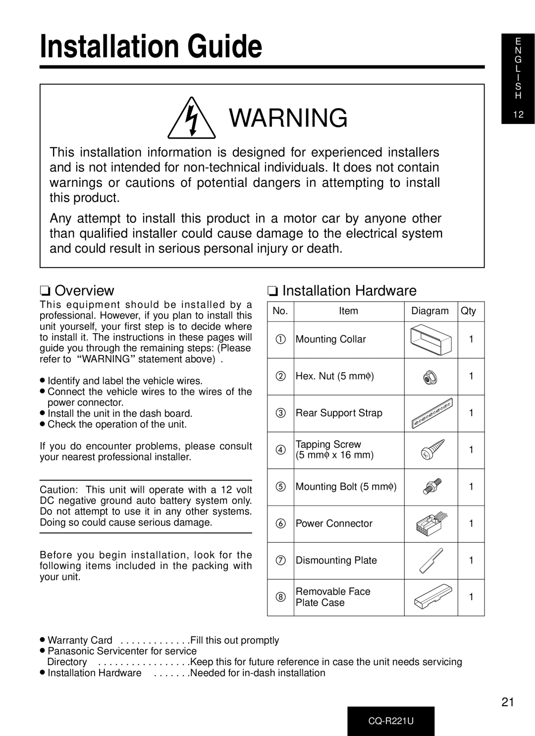 Panasonic CQ-R221U Installation Guide, Overview, Installation Hardware, Diagram Qty, Panasonic Servicenter for service 