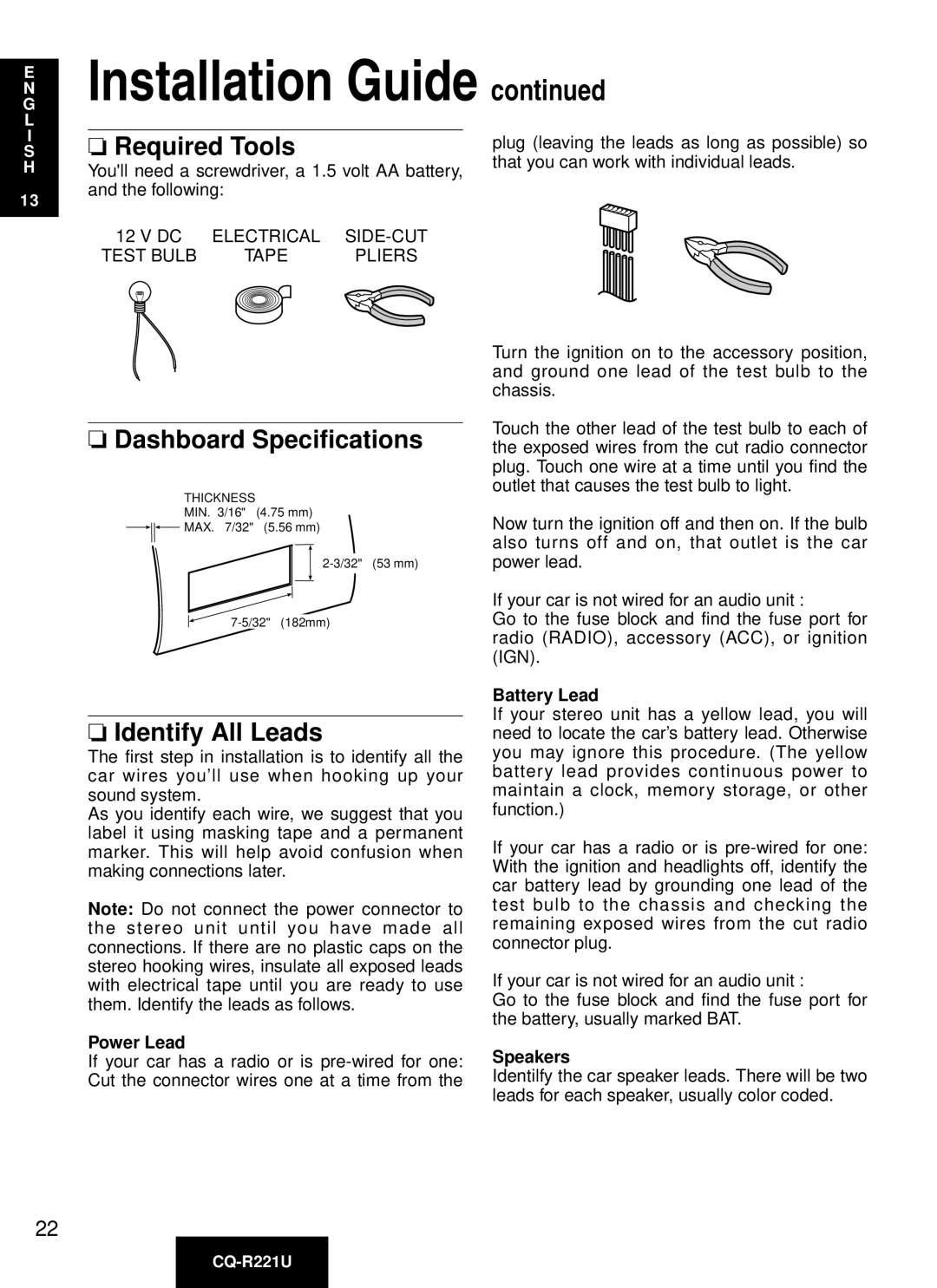 Panasonic CQ-R221U manual Required Tools, Dashboard Specifications, Identify All Leads 