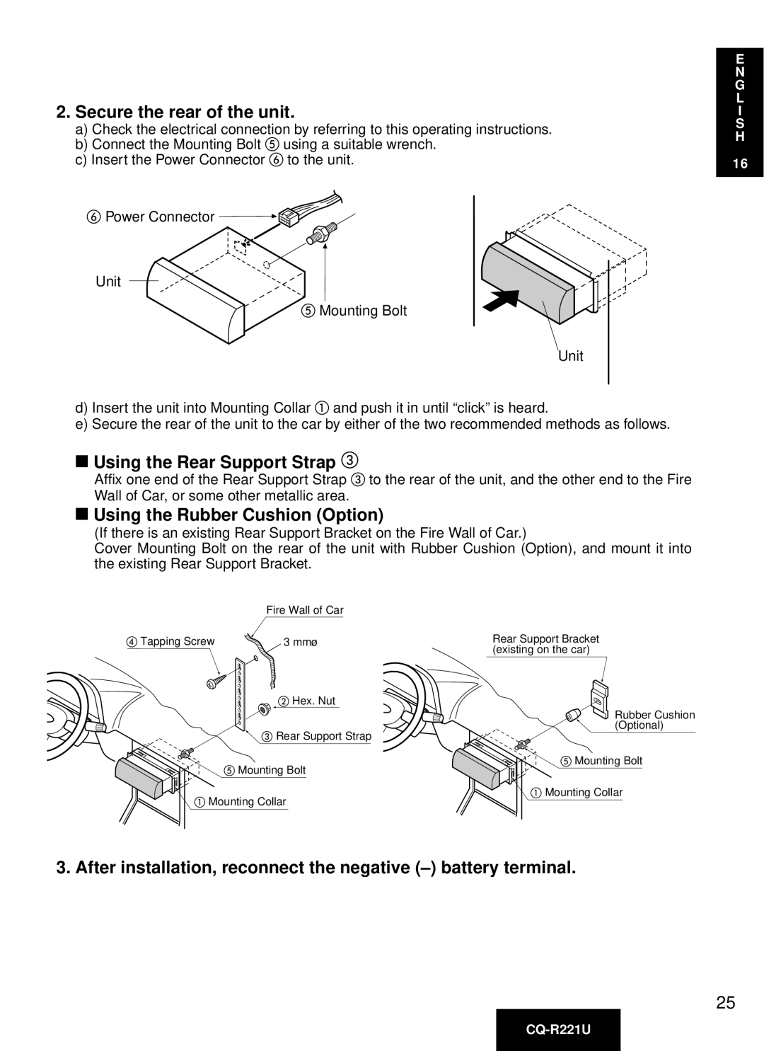 Panasonic CQ-R221U manual Secure the rear of the unit, Using the Rear Support Strap, Using the Rubber Cushion Option 