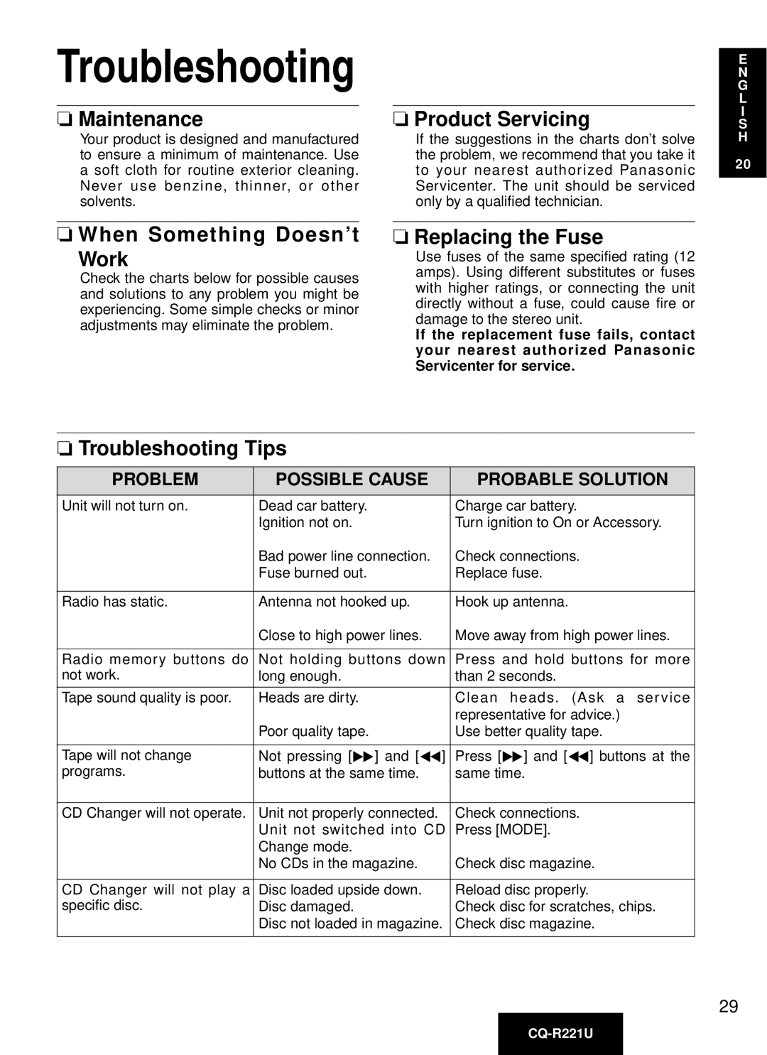 Panasonic CQ-R221U Maintenance, When Something Doesn’t Work, Product Servicing, Replacing the Fuse, Troubleshooting Tips 