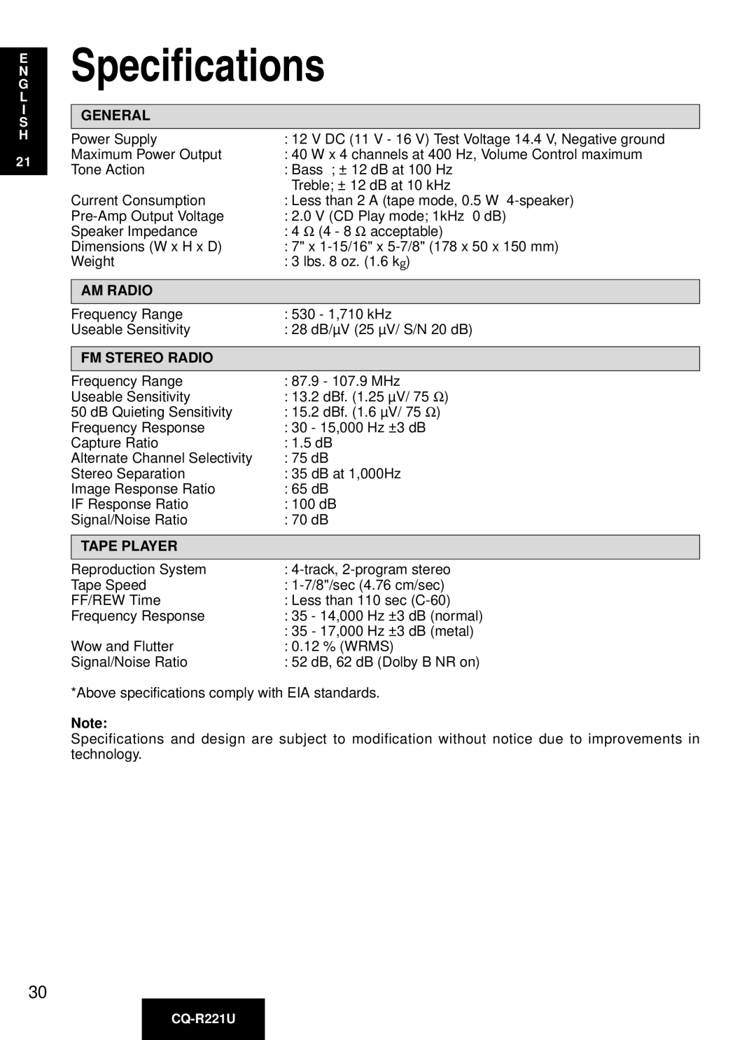 Panasonic CQ-R221U manual Specifications, General 