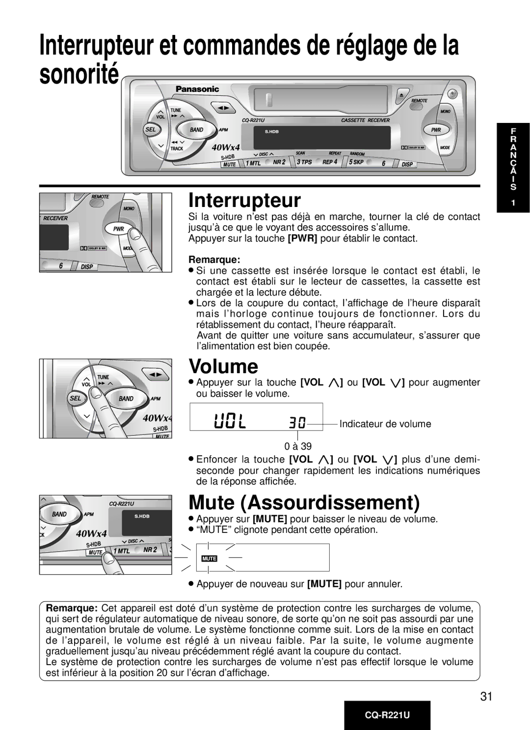 Panasonic CQ-R221U manual Interrupteur, Mute Assourdissement 