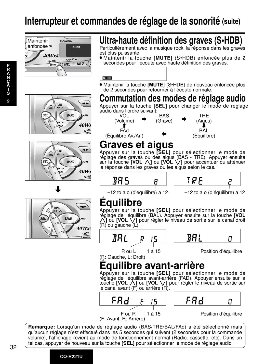 Panasonic CQ-R221U manual Graves et aigus, Quilibre avant-arriè re 