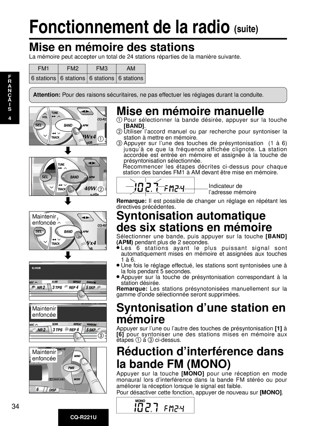 Panasonic CQ-R221U manual Mise en mé moire des stations, Mise en mé moire manuelle, Syntonisation d’une station en mé moire 