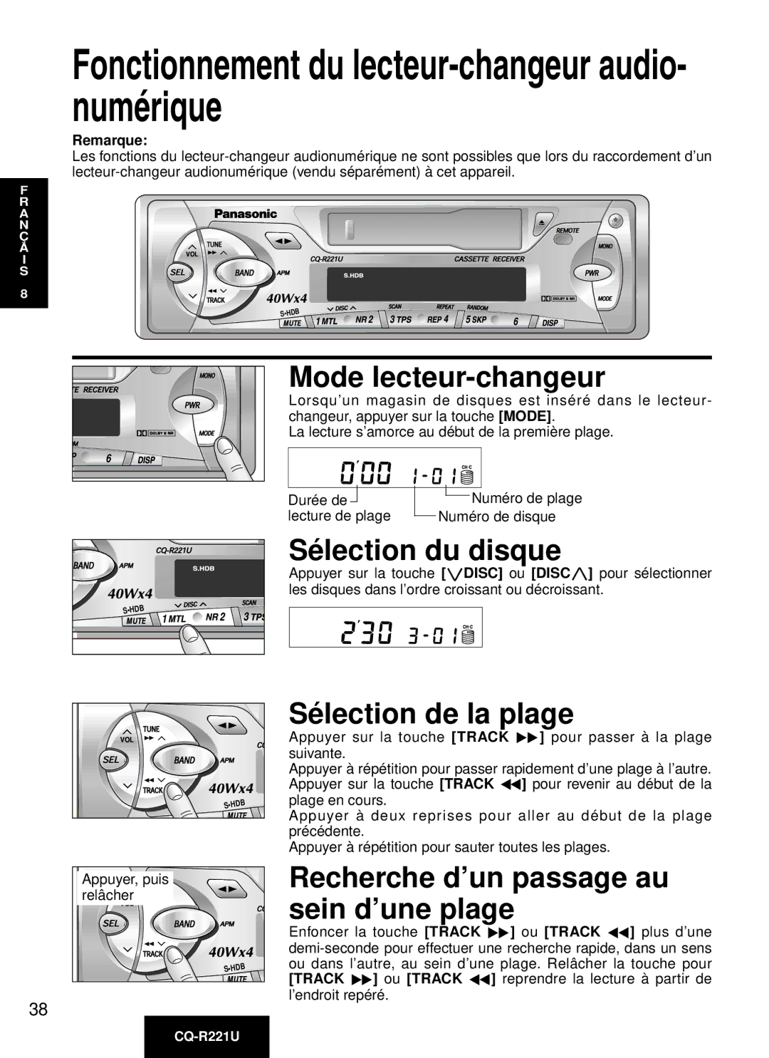 Panasonic CQ-R221U manual Mode lecteur-changeur, Sé lection du disque, Sé lection de la plage 