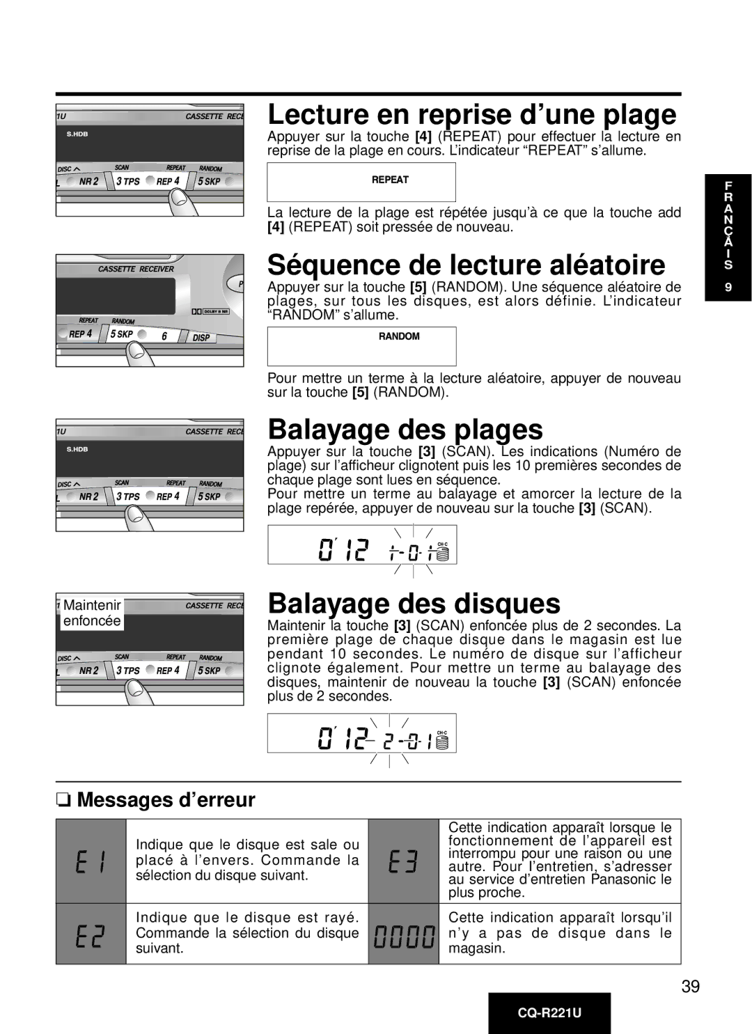 Panasonic CQ-R221U Lecture en reprise d’une plage, Sé quence de lecture alé atoire, Balayage des plages, Messages d’erreur 