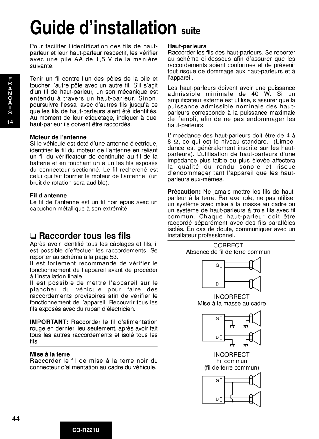 Panasonic CQ-R221U manual Guide d’installation suite, Raccorder tous les fils, Moteur de l’antenne, Fil d’antenne 