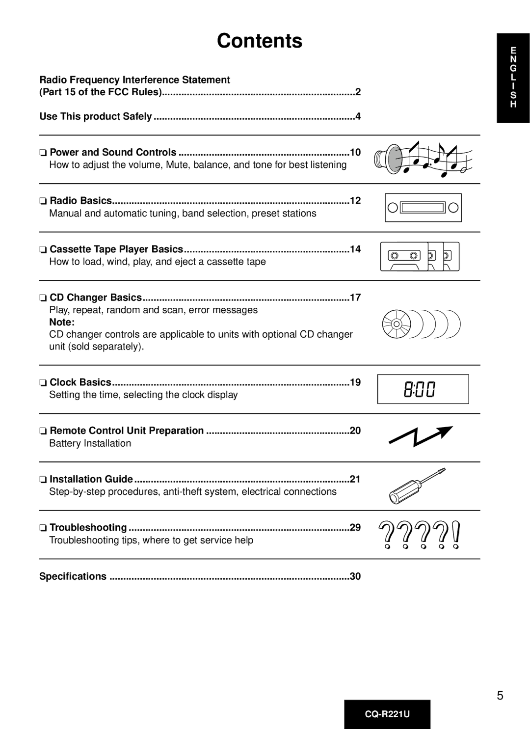 Panasonic CQ-R221U manual Contents 