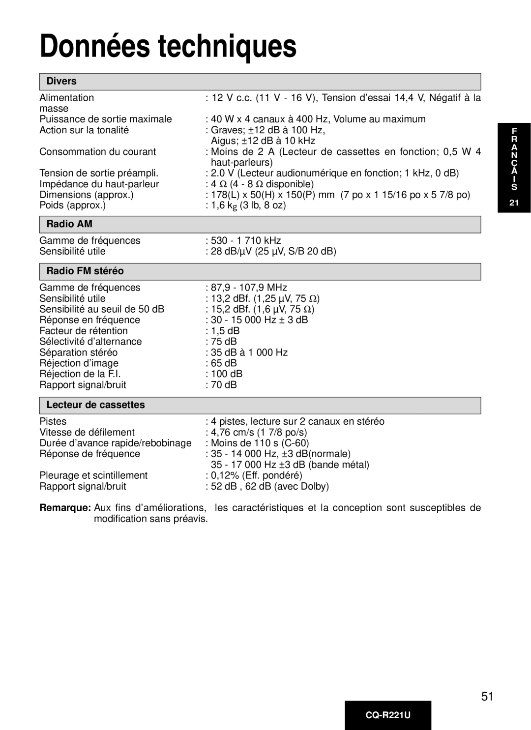 Panasonic CQ-R221U manual Données techniques, Divers, Radio AM, Radio FM sté ré o, Lecteur de cassettes 