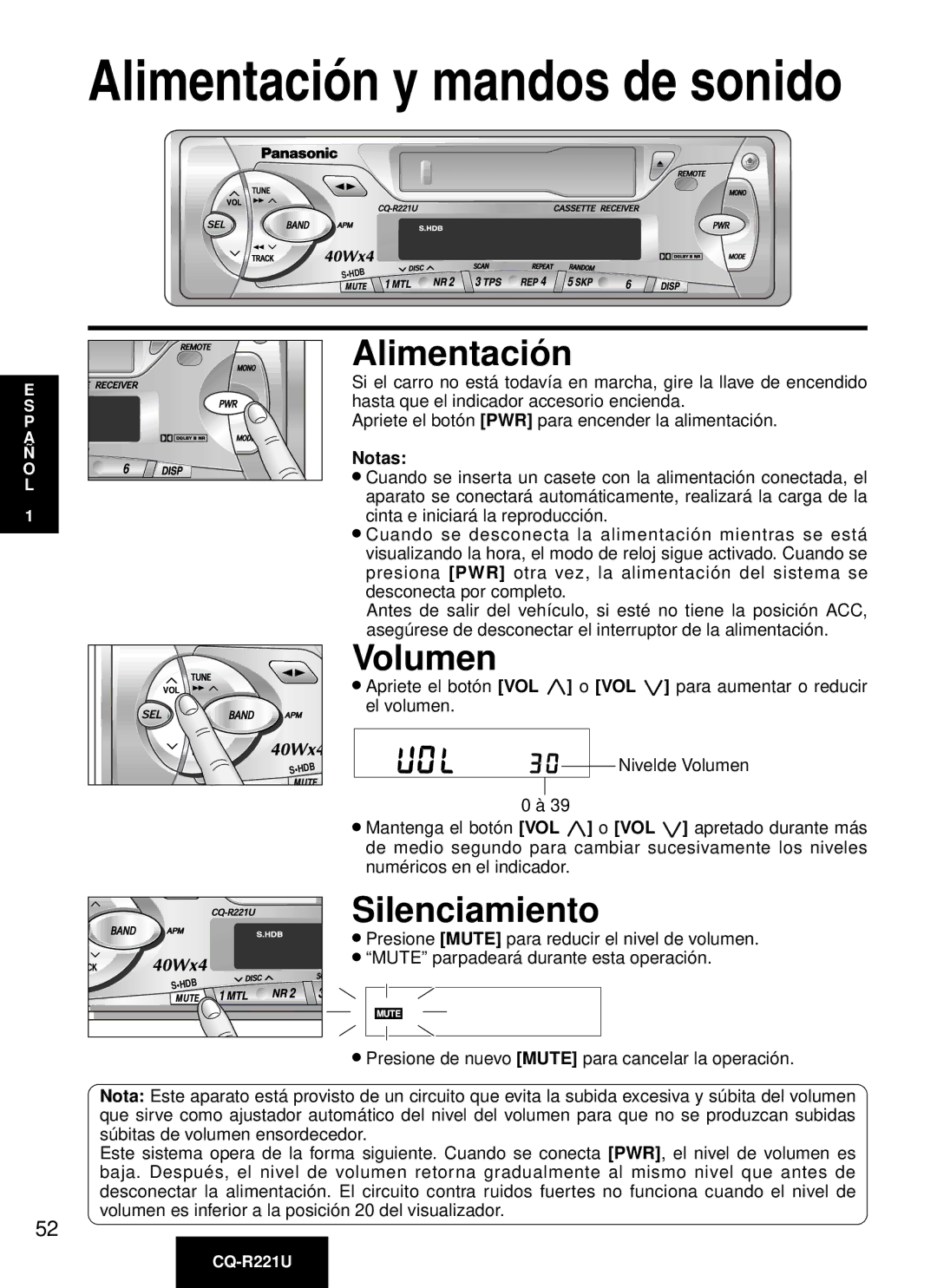 Panasonic CQ-R221U manual Alimentació n, Volumen, Silenciamiento, Notas 