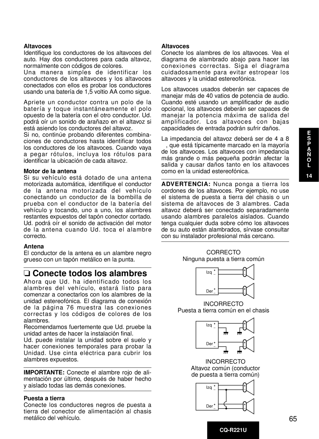 Panasonic CQ-R221U manual Conecte todos los alambres, Altavoces, Motor de la antena, Antena, Puesta a tierra 