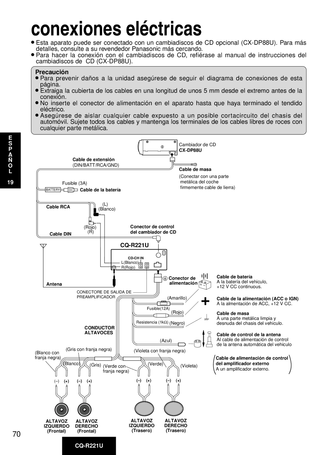 Panasonic CQ-R221U manual Conexiones eléctricas, Precaución 