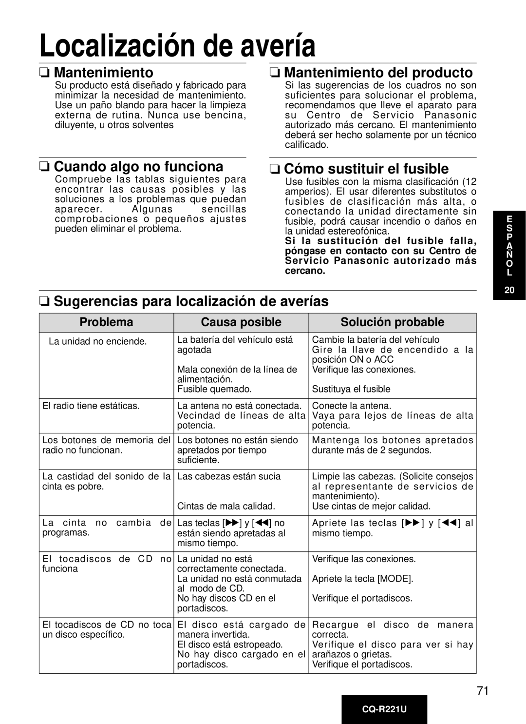 Panasonic CQ-R221U manual Localización de avería, Mantenimiento Mantenimiento del producto, Cuando algo no funciona 