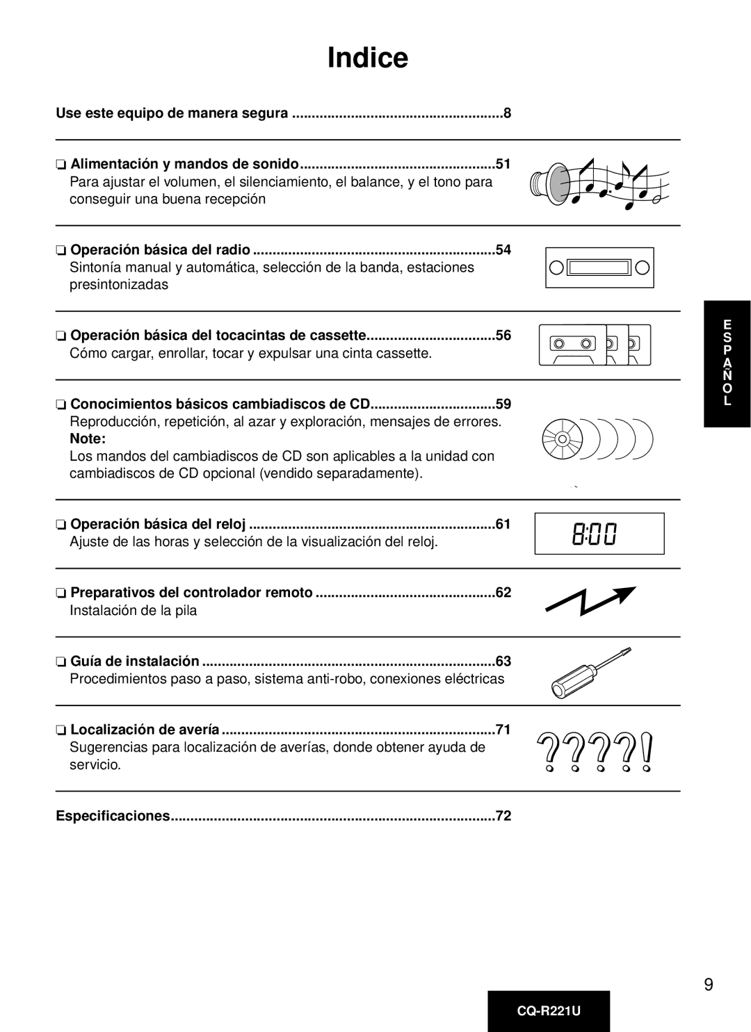 Panasonic CQ-R221U manual Indice, Especificaciones 