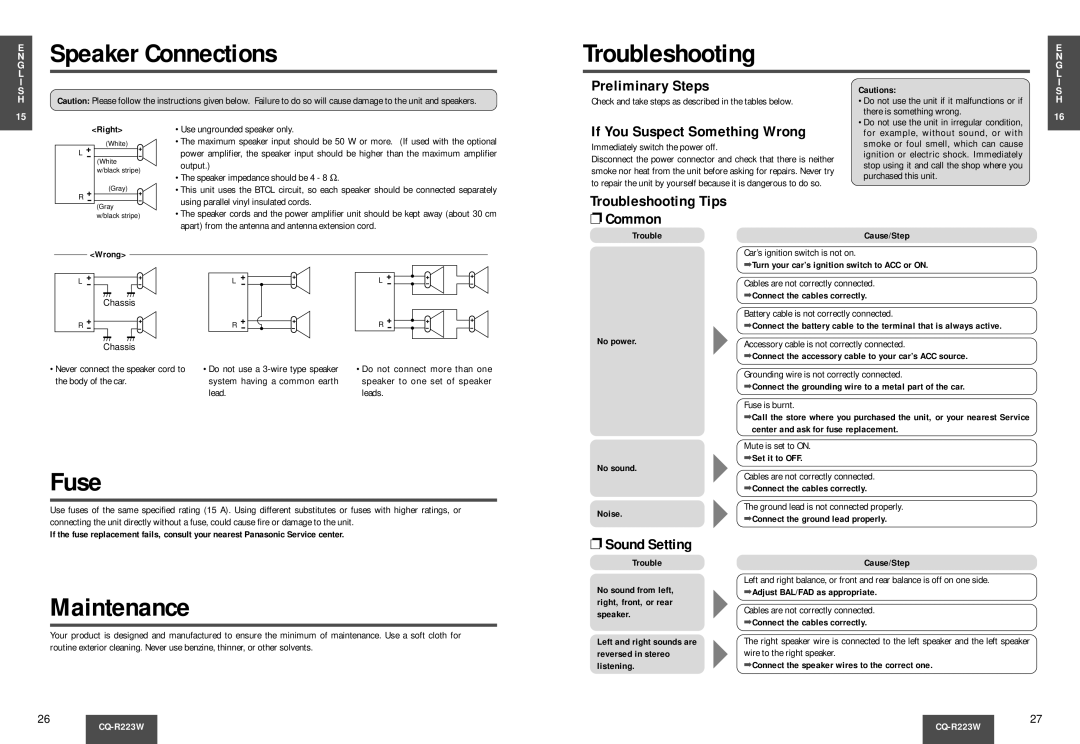 Panasonic CQ-R223W manual Speaker Connections Troubleshooting, Fuse, Maintenance 