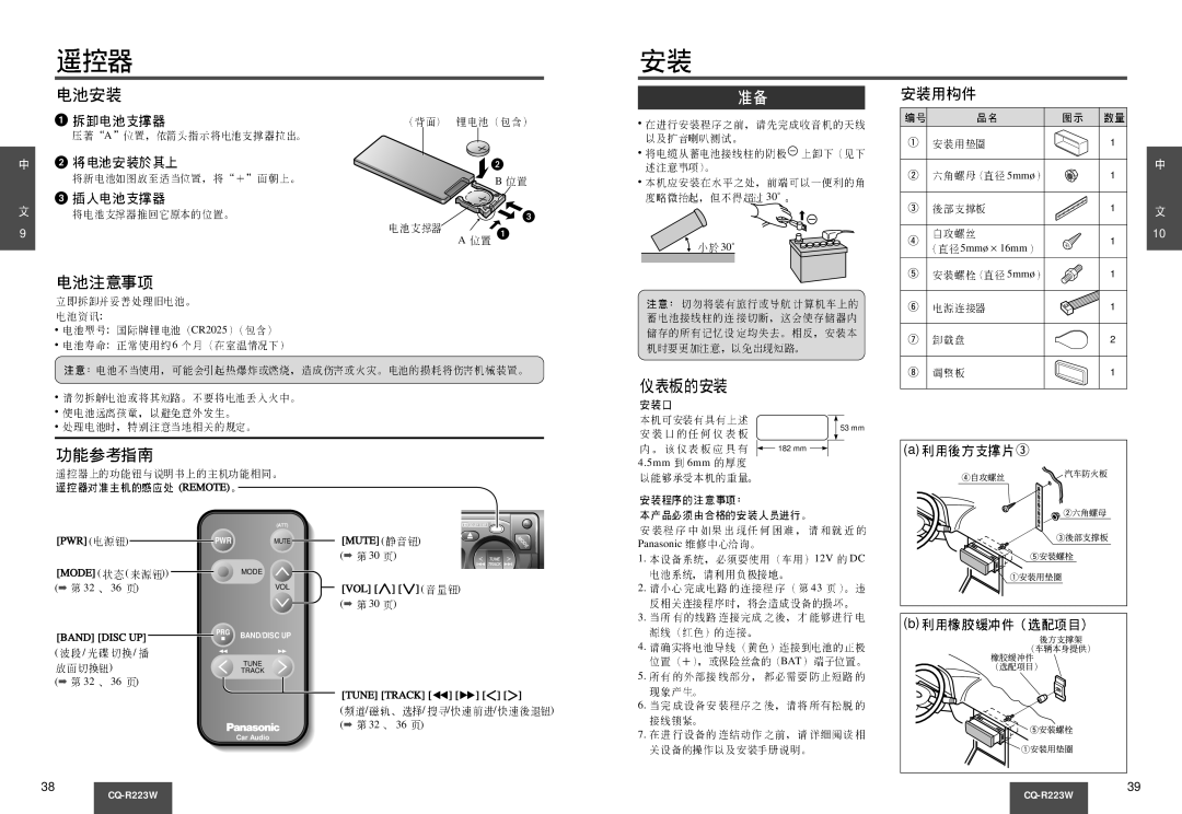 Panasonic CQ-R223W manual Remote, Mute, Banddisc UP, Tunetrack, Bat 