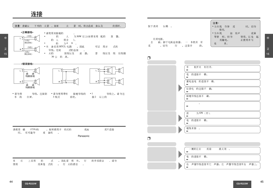 Panasonic CQ-R223W manual 50W, Btcl, 15A 