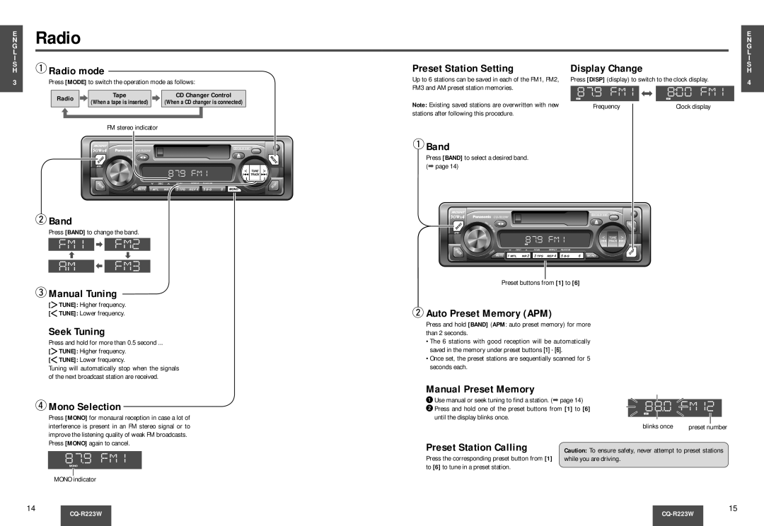 Panasonic CQ-R223W manual Band, Manual Tuning, Seek Tuning, Mono Selection, Auto Preset Memory APM, Manual Preset Memory 