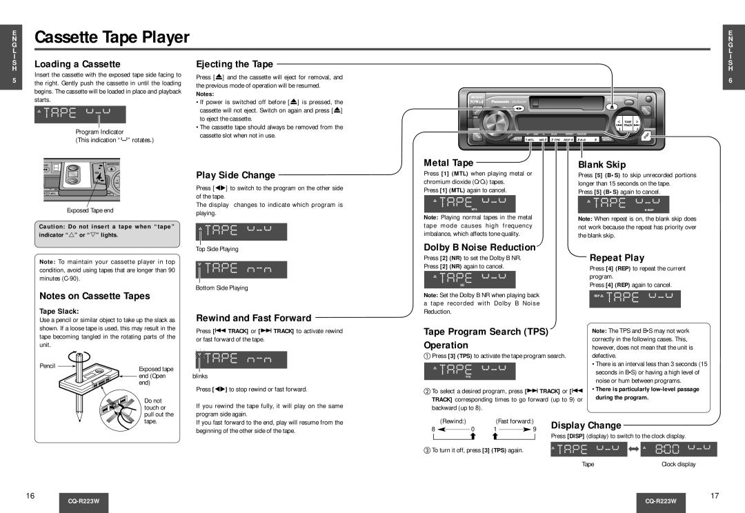 Panasonic CQ-R223W manual Cassette Tape Player 