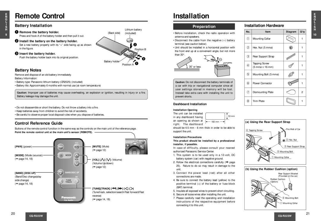Panasonic CQ-R223W manual Remote Control, Battery Installation, Preparation, Battery Notes, Control Reference Guide 