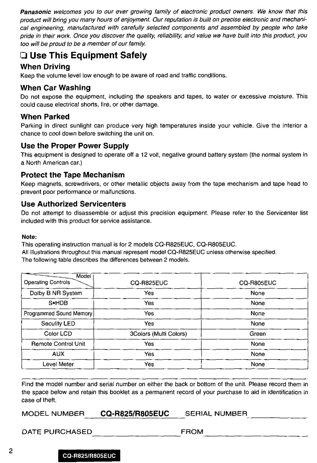 Panasonic CQ-R825, R805EUC manual 