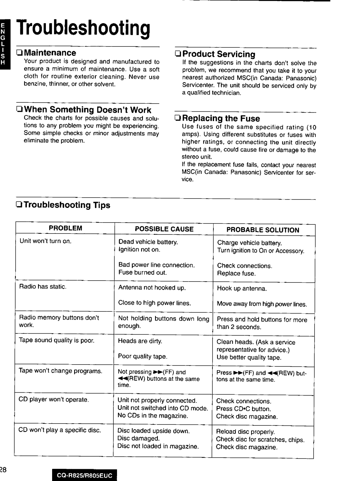 Panasonic CQ-R825, R805EUC manual 