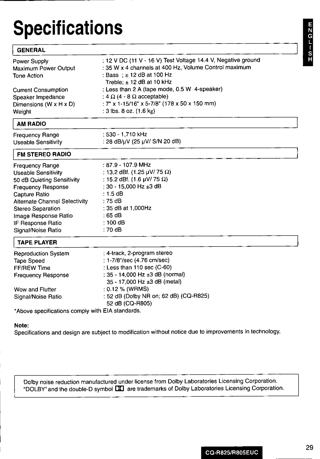 Panasonic R805EUC, CQ-R825 manual 