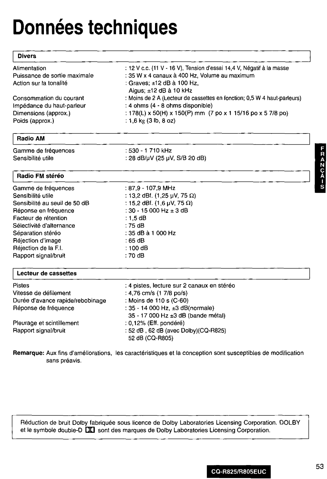 Panasonic R805EUC, CQ-R825 manual 