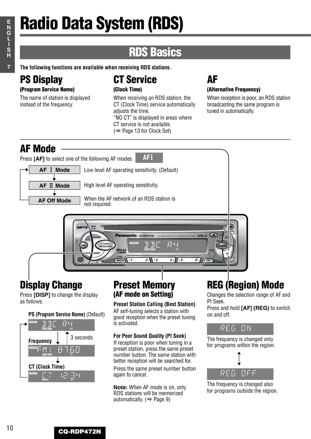 Panasonic CQ-RDP472N manual Radio Data System RDS 