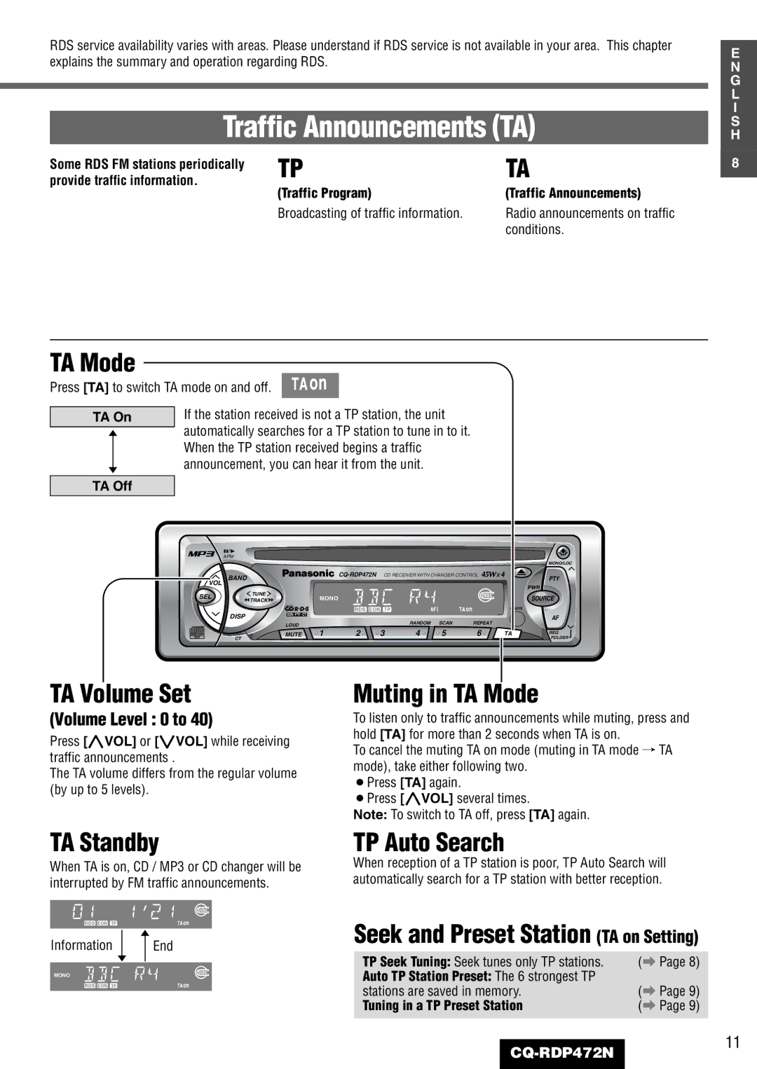 Panasonic CQ-RDP472N manual TA Volume Set, Muting in TA Mode, TA Standby, TP Auto Search 