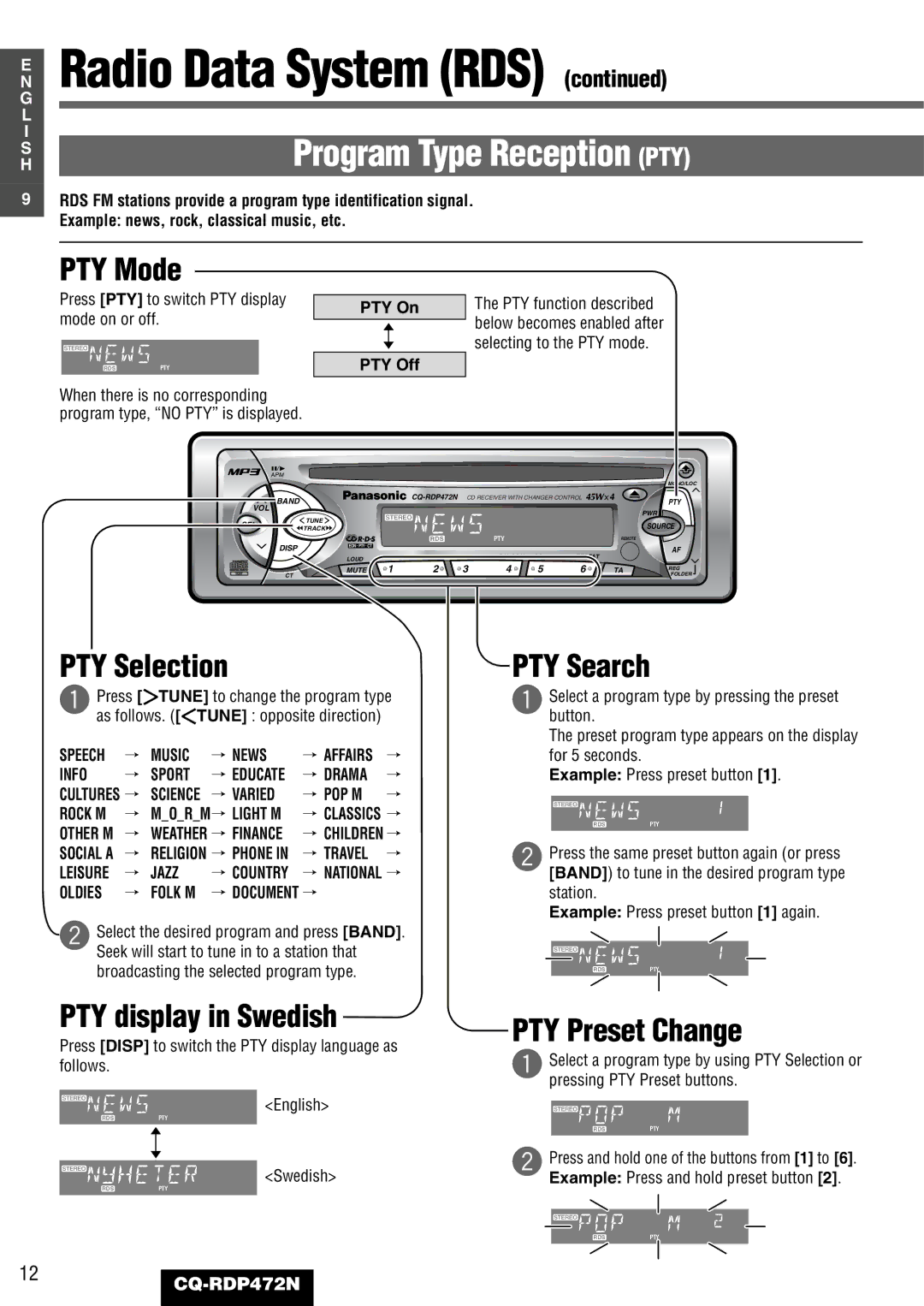 Panasonic CQ-RDP472N manual PTY Mode, PTY Selection, PTY display in Swedish, PTY Search, PTY Preset Change 