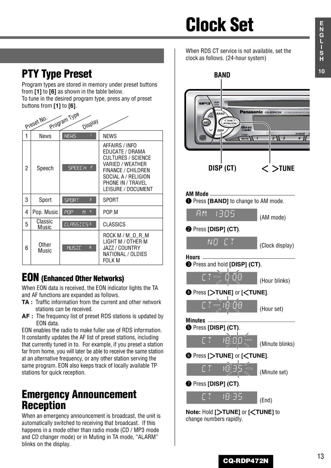 Panasonic CQ-RDP472N manual PTY Type Preset 