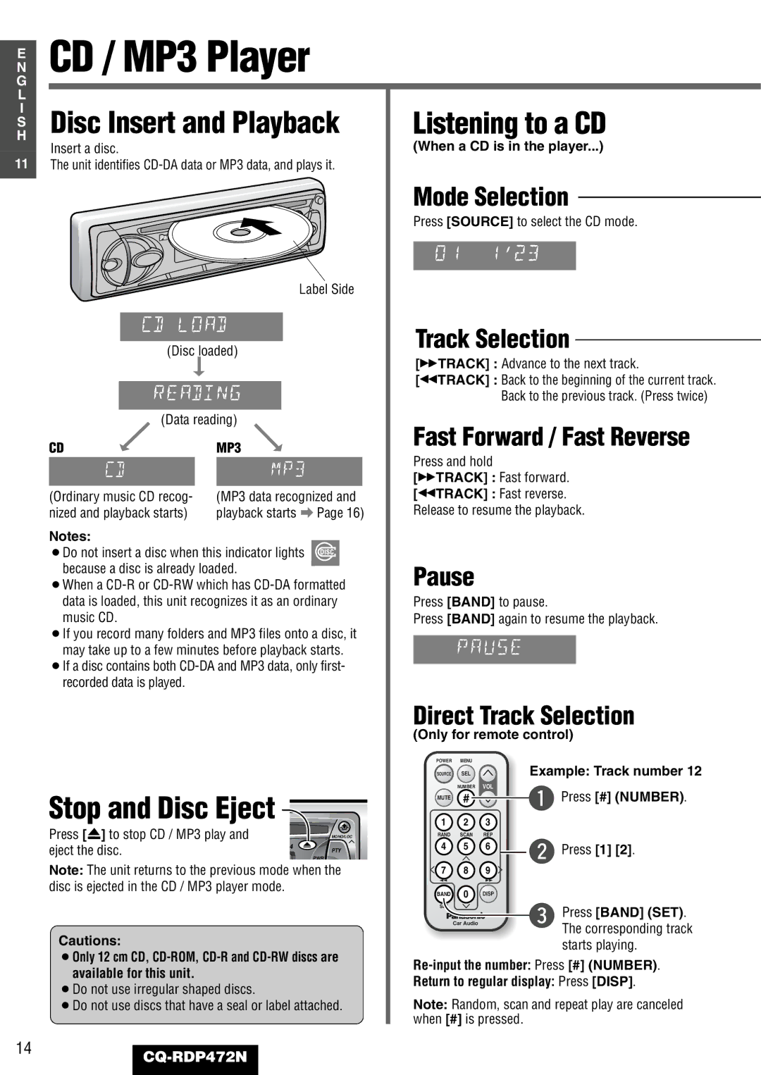 Panasonic CQ-RDP472N manual Direct Track Selection 